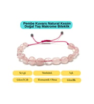 Sertifikalı Pembe Kuvars Natural Kesim Makrome Doğal Taş Bileklik Ayarlanabilir Ölçü