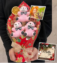 Yılbaşı Hediyesi Buket Size Özel Fotoğraflı Büyük Boy Pembe Peluş Ayıcık Buketi (Kırmızı)