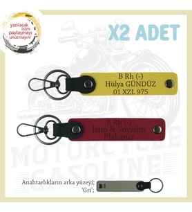 Motor Severlere Özel, İsim Plaka ve B Rh (-) Kan Grubu Yazılı x2 Anahtarlık Hediye, Kırmızı-Sarı-Gr (Çok Renkli)