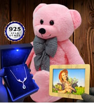 Kişiye Özel Premium Set Büyük Boy Pembe Peluş Ayıcık ve Gerçek 925 Ayar Gümüş Kolye (Model 2)