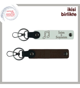 Sol Anahtarı Detaylı Deri Tasarım, Kişiye Özel Hediyelik Anahtarlık Seti, Beyaz-Koyu Kahve