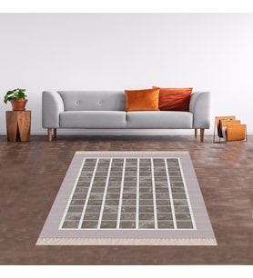 Geometrik Kare Blok Desenli Dijital Baskı Yıkanabilir Kaymaz Taban Modern Salon Halısı ve Yolluk (Gri)