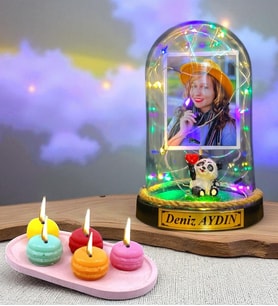 Size Özel Renkli Led Işıklı Fanus ve Kokulu Makaron Mum Hediye Seti (Model 8)