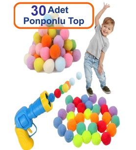 Oyuncak Peluş Ponpon Top Atan Fırlatan Ponpon Tabancası 30 Adet Ponponlu Oyun Oyun Topu 20 Adet Pluş
