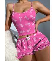 Kadın Fırfır Detaylı Askılı Mini Şortlu Pijama Takımı Kaşkorse Fitilli (Kırmızı)