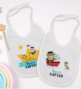 BK Kids Kişiye Özel Sevimli Kaptan Tasarımlı 2’li Beyaz Mama Önlüğü-1