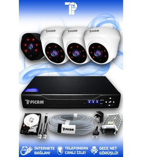 PICAM 4 Kameralı Uzay 3 İç Kamera Set 250 GB HDD Full HD Gece Görüşlü Güvenlik Kamerası Sistemi