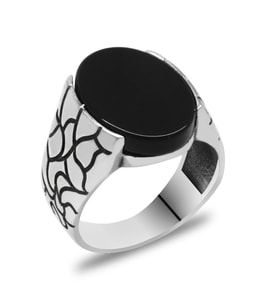 Oval Oniks Taşlı Delta Tasarım 925 Ayar Gümüş Erkek Yüzük (Siyah)