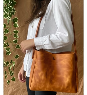 ALESTA LEATHER El Yapımı Hakiki Deri Kadın Tote Omuz Çantası (Camel)