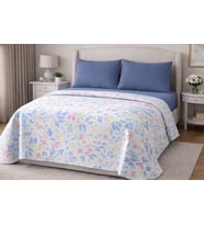 Faralya Life %60 Pamuk %40 Polyester Baskılı Çift Kişilik Pike Takımı 200x220 cm Pike 240x260 Çarşaf 2 Adet 50x70 Yastık Kılıfı Yumuşak Dokulu Yatak Örtüsü Seti (Mavi)