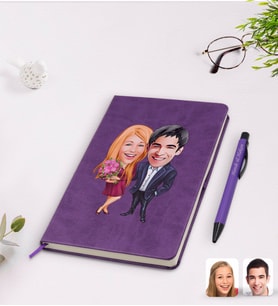BK Gift Kişiye Özel Sevgililer Karikatürlü Mor Termo Deri Defter Kalem Seti Model 94