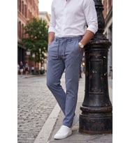 DeepSEA Erkek Slim Fit Çizgili Mavi Kumaş Pantolon – İpli Esnek Bel Likralı Spor Pantolon 2700240