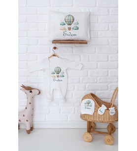 Pia Baby Premium %100 Pamuk İsme Özel Yenidoğan Erkek Bebek Tulum Yastık Kılıfı Hediye Seti 5050-07 (Ekru)
