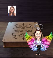 Kişiye Özel Melek Anne Karikatürlü Ahşap Anahtarlık Kutulu Model-5