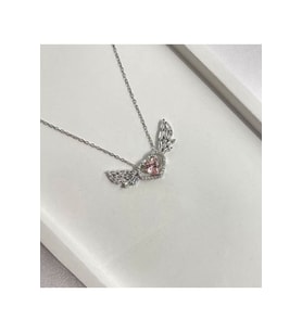 Pembe Kalp Taşlı Melek Kanadı Kolye – Zirkon Taşlı Gold Renk Paslanmaz Çelik 55 cm Kadın Kolye (Gümüş)