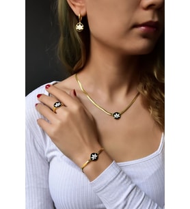 925 Ayar Gold Kaplama Mineli Lotus Çiçeği Kolye-bileklik-yüzük-küpe Set