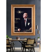 Altın Varaklı Çerçeveli Paspartulu Atatürk Tablo nh281 (Gold)