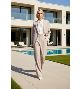Kadın Alt Üst Klasik Yaka Uzun Kollu Dokuma Regular Fit Blazer Ceket Ve Geniş Paça Pantolon Takım (Taş)