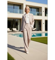 Kadın Alt Üst Klasik Yaka Uzun Kollu Dokuma Regular Fit Blazer Ceket Ve Geniş Paça Pantolon Takım (Taş)