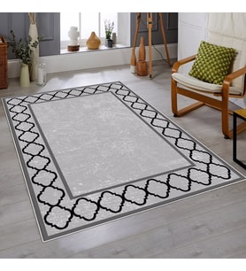 Geometrik Karo Çerçeveli Dijital Baskı Yıkanabilir Kaymaz Taban Modern Salon Halısı ve Yolluk(Gri) (Siyah)