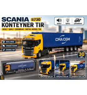 SCANIA S730 Konteyner Tır 30 CM Sesli Işıklı Çekbırak Metal Model Tır Gerçekçi Detaylı Oyuncak Tır