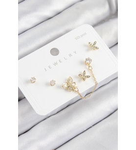 Pirinç Zirkon Taşlı Kelebek Model Gold Renk 925 Ayar Gümüş Çivi Kadın Küpe Set (Altın)