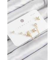 Pirinç Zirkon Taşlı Kelebek Model Gold Renk 925 Ayar Gümüş Çivi Kadın Küpe Set (Altın)