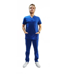 Emel Tekstil Doktor Terikoton Likralı Erkek Koyu Turkuaz Mavi Cerrahi Yaka Takım 4819
