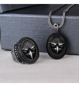 925 Ayar Gümüş Mikro Taşlı Kartal Motifli Kolye Yüzük Kombini (Gri)