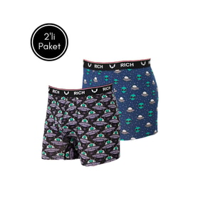 Erkek Likralı Desenli ve Düz 2'li Boxer Paketi