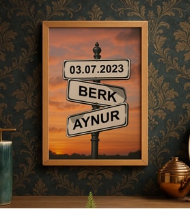 BK Gift Kişiye Özel Aşkın Yol Tabelası Tasarımlı Ahşap Çerçeveli Tablo-1 40x25cm, Arkadaşa Hediye, Sevgiliye Hediye, Eşe Hediye