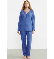 Nakış Detaylı  Düğmeli Pijama Takım - Mavi