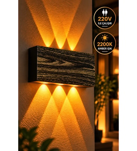 Siyah Gold Ahşap Desenli 12W 2200K Amber Işıklı 3 Gözlü Yukarı Aşağı Dekoratif Duvar Apliği 16 cm