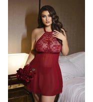 Amora Secret Bordo Dantel İşlemeli Göğüs Dekolteli Boyundan Bağlamalı Fantezi String Tül Gecelik Ta