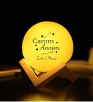 Kişiye Özel Canım Annem Baskılı 3D Ay Gece Lambası Dekoratif Stand Hediyeli (Sarı)