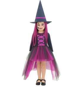 Cadılar Bayramı Halloween Fuşya-Siyah 4-5 Yaş Şapkalı Cadı Kız Çocuk Kostümü