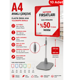 10 Adet - A4 Ayaklı Fiyat Etiketlik Teleskopik Borulu Çerçeve Etiketlik Yönlendirme Levhası Menü Panosu Kırmızı