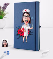 BK Gift Kişiye Özel Hemşire Karikatürlü Lacivert Termo Deri Defter 16x24cm Model 1