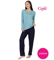 Kadın Bisiklet Yaka Düğmesiz Viskon Mevsimlik Uzun Kol Cepli Pijama Takımı (Mavi)