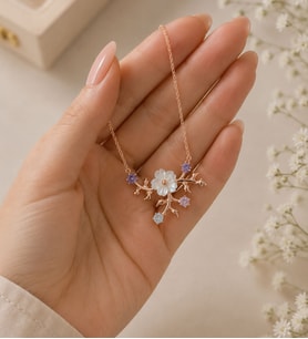 925 Ayar Gümüş Rose Kaplama Zirkon Taşlarla Süslenmiş Dallı Sedefli Manolya Çiçeği Kolye