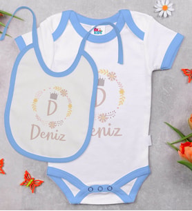 BK Kids Kişiye Özel Harfli İsimli Mavi Bebek Body Zıbın ve Mama Önlüğü Hediye Seti-2