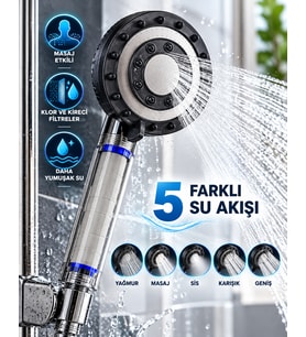 Klor ve Kireç Filtreli Duş Başlığı 5 Farklı Su Akışı Masaj Etkili Filtreli Duş Başlığı