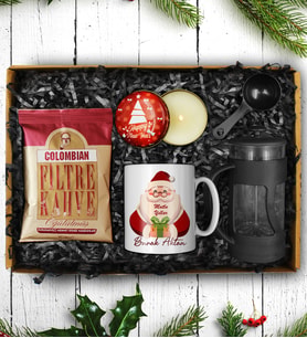 Yılbaşına Özel Noel Baba Kupası & Columbian Filtre Kahve & French Press & Yılbaşı Mumu Hediye Seti