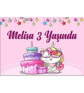 Unicorn ve Pasta Temalı Doğum Günü Afişi 35X50 cm