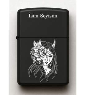 Gothik Cadı Desenli Kişiye Özel İsimli Siyah Benzinli Metal Çakmak