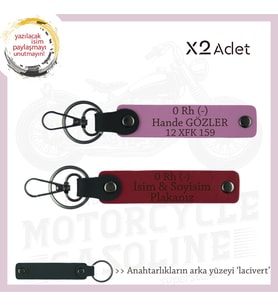 Motosiklet Aşıkları İçin, İsim Plaka ve 0 Rh (-) Kan Grubu Yazılı x2 Anahtarlık, Kırmızı-Pembe-Laci (Çok Renkli)