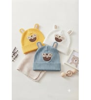 Organik Pamuklu, Yumuşak Dokulu, Ribanalı Köstebek Model 3’lü Set Unisex Bebek Şapkası (Kiremit-Yeşil-Gri)
