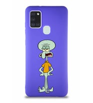 Samsung Galaxy A21S Soft Premier Kapak Squidward Dokunaç Tasarımlı Silikon Kılıf - Mor (Şeffaf)