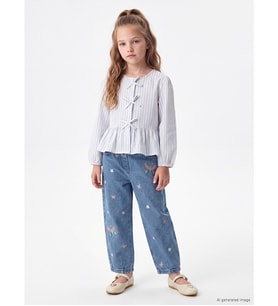 LCW Kids İndigo Nakışlı Balloon Fit Kız Çocuk Jean Pantolon