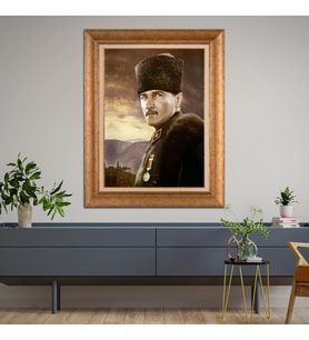 Altın Varaklı Çerçeveli Paspartulu Atatürk Tablo z4554 (Gold)
